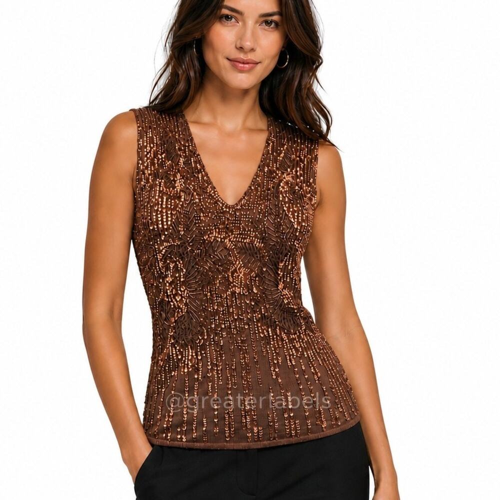DKNY Brown Sequined Silk Knit V-Neck Top Tank Size M NWT